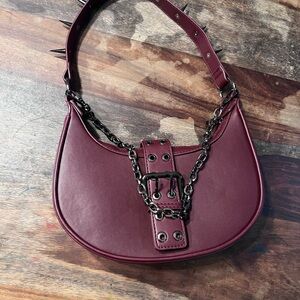 Chain-Embellished Burgundy Shoulder Bag